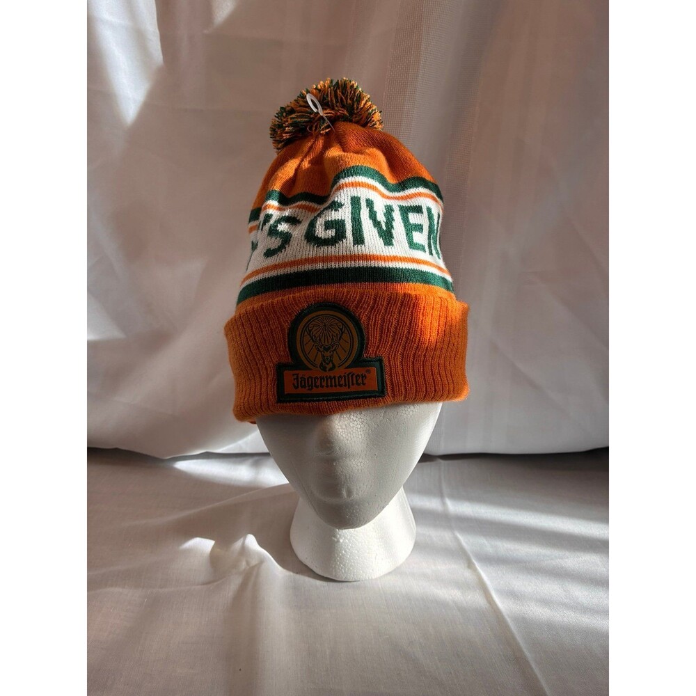 Jägermeister Promo Beanie Hat Orange Green White Pom Pom Cuffed Winter Knit Cap
